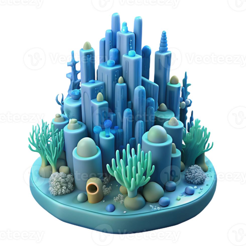 elegant artistic Underwater city, bioluminescent coral structures, deep ocean backdrop, mysterious, surreal, genuine png