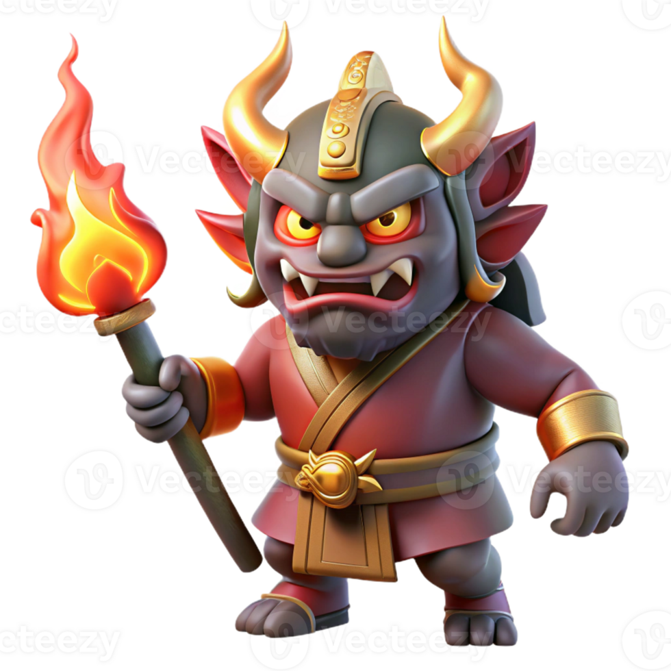 beautiful abstract A powerful oni wielding a kanabo club, firelight, Japanese folklore style detailed png