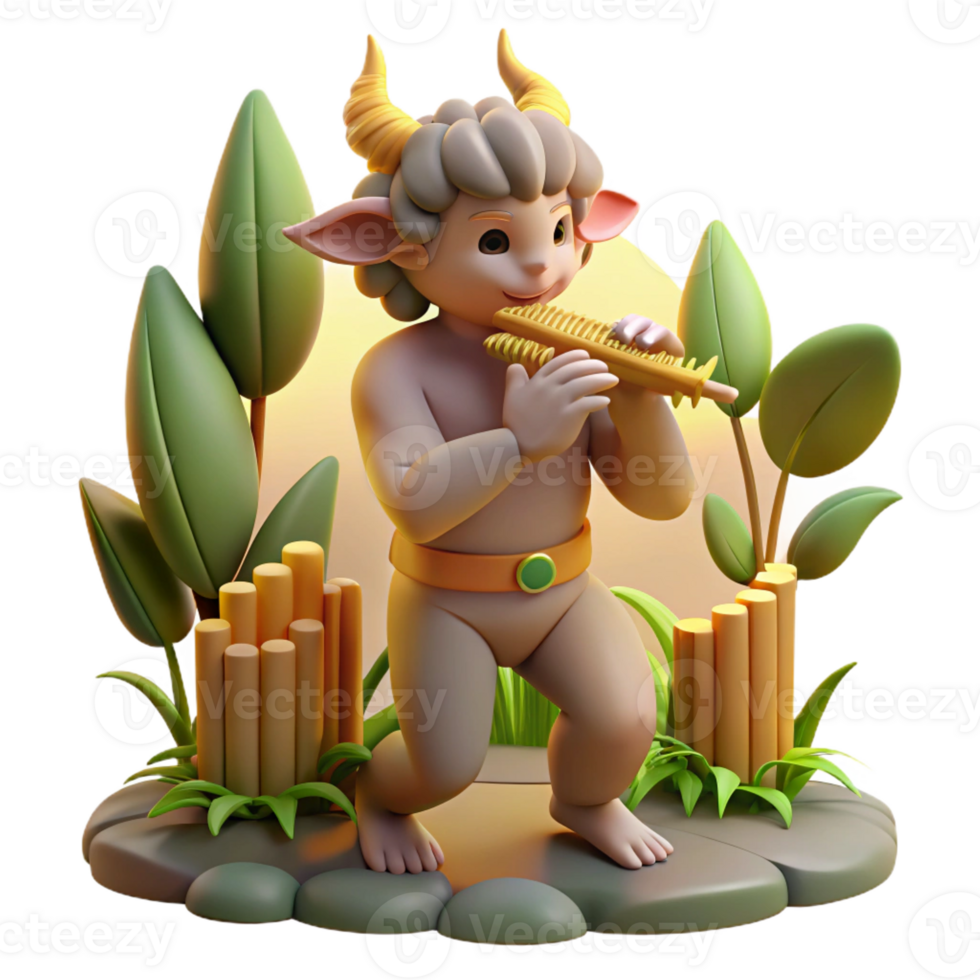stunning artistic A satyr playing a pan flute in a sun-drenched forest glade, dappled light, Art Nouveau style detailed png
