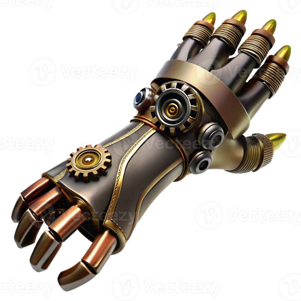 serene modern A close-up of a steampunk prosthetic arm, intricate gears and wires visible, dramatic chiaroscuro lighting high quality png