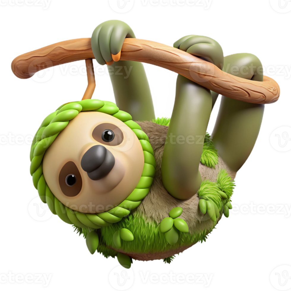 elegant classic A sleepy sloth hanging upside down from a tree branch, its fur covered in moss and algae, in a quirky cartoon style exclusive png