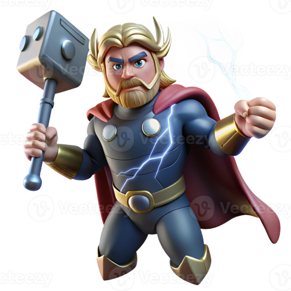 magnificent rustic Thor, Norse god of thunder, wielding Mjolnir and summoning a lightning storm, dramatic lighting, comic book style genuine png