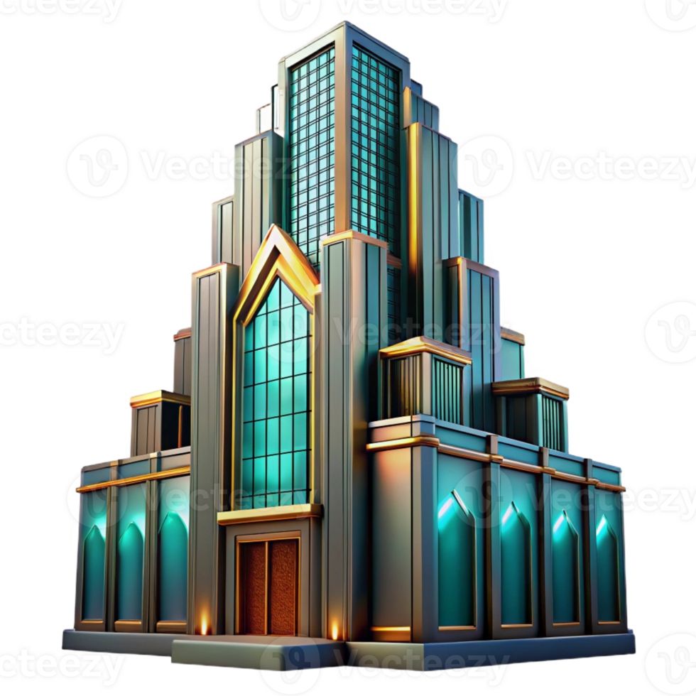 beautiful contemporary Art Deco skyscraper, intricate geometric facade, amber and teal neon lights, smooth metallic textures, dusk, rainy reflection on the street, hyperrealistic style high resolution png