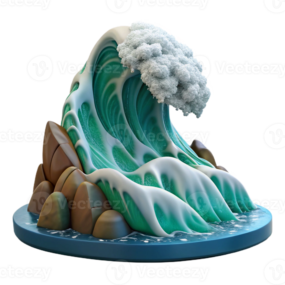wonderful rustic A giant wave crashing on a rocky shore, dramatic lighting, Japanese woodblock print style 4K png