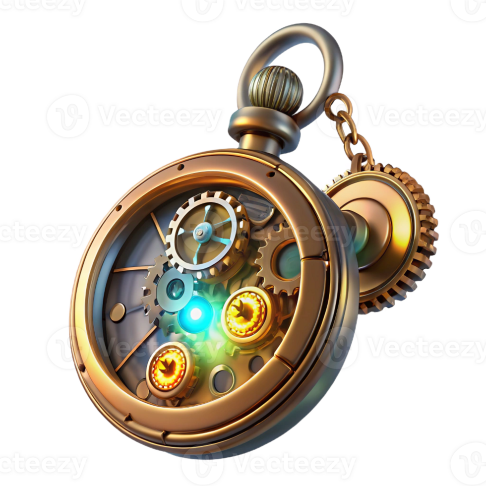 wonderful vintage A close-up of a steampunk pocket watch, with intricate gears and glowing gemstones, illuminated by a single beam of light. Macro photography lighting, photorealistic style premium png