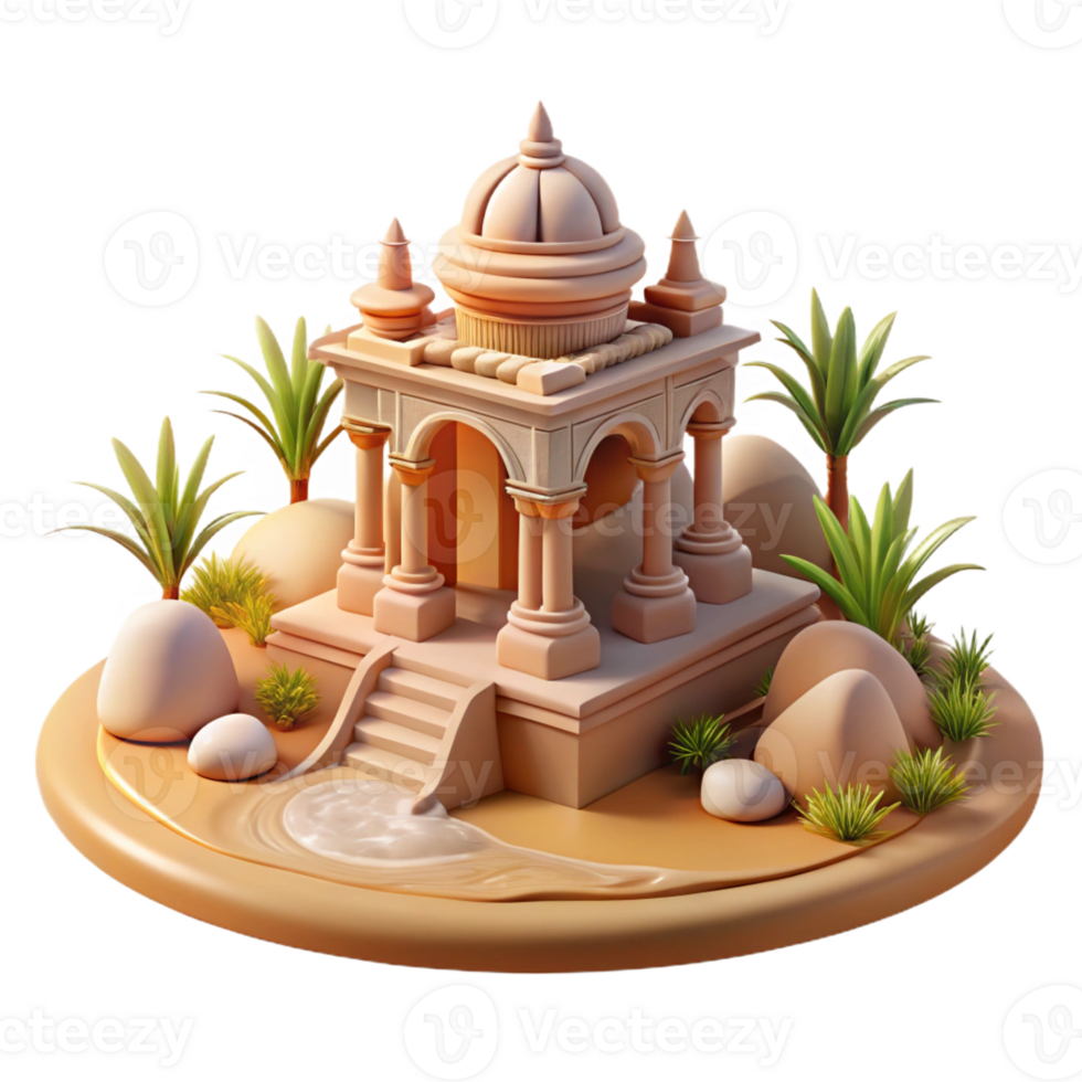 vibrant artistic A desert oasis with a hidden, intricately carved stone temple, midday sun, realistic, peaceful, high resolution png