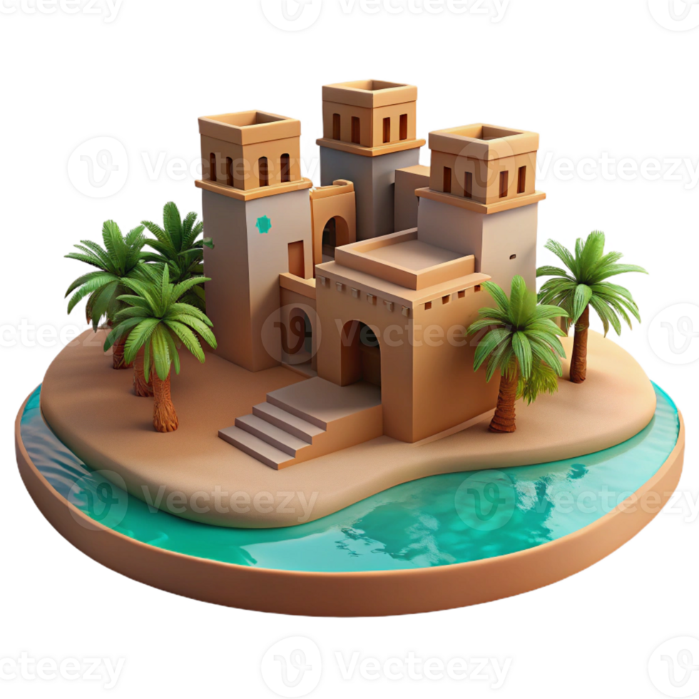 serene contemporary A desert oasis, adobe buildings, shimmering heat haze, vibrant turquoise water, peaceful, serene style high resolution png