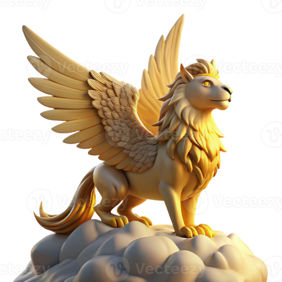 elegant creative A majestic griffin perched atop Mount Olympus, feathers gleaming in the golden light of a setting sun, rendered in the style of a classical Greek sculpture high resolution png