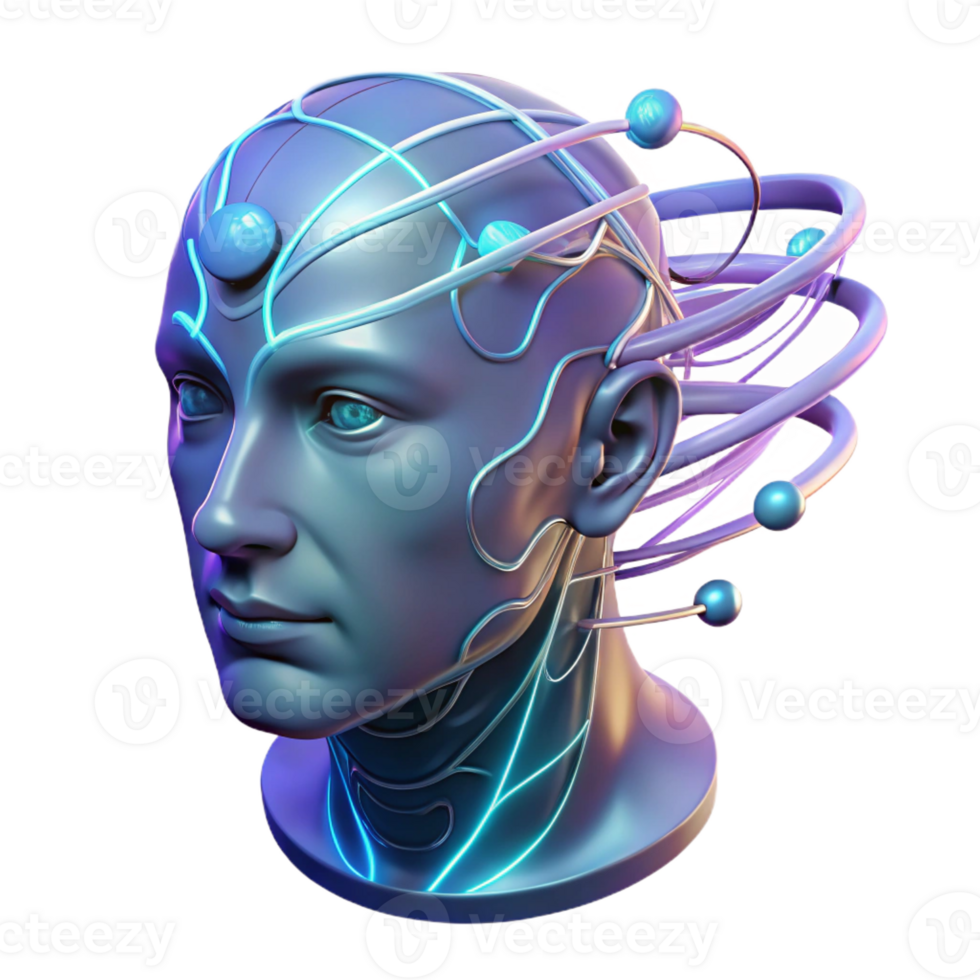 stunning artistic A transparent human head filled with swirling digital data streams, biopunk style, neon lighting authentic png