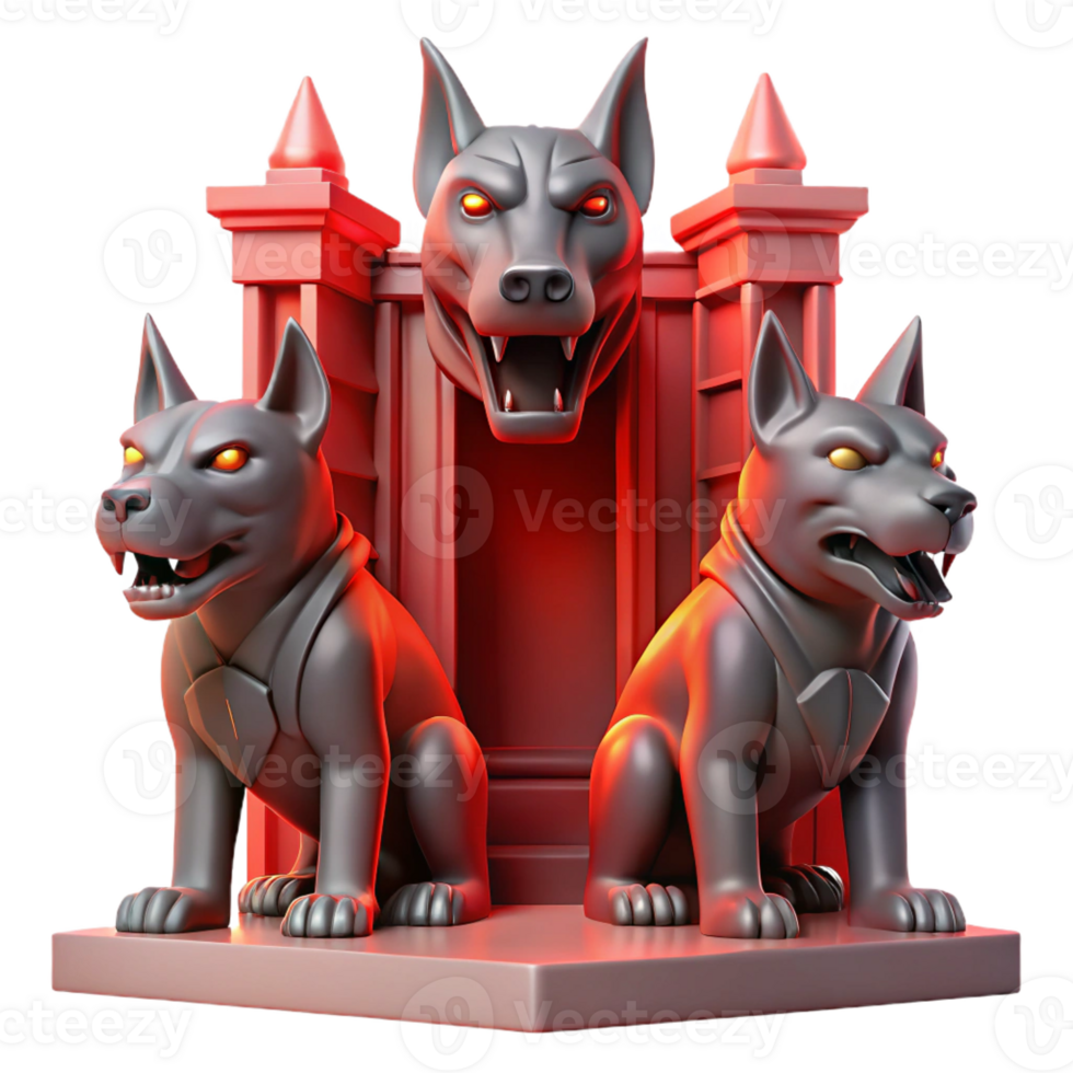 dramatic modern A three-headed Cerberus guarding the gates of Hades, depicted in a brutalist architectural style, ominous red lighting premium png