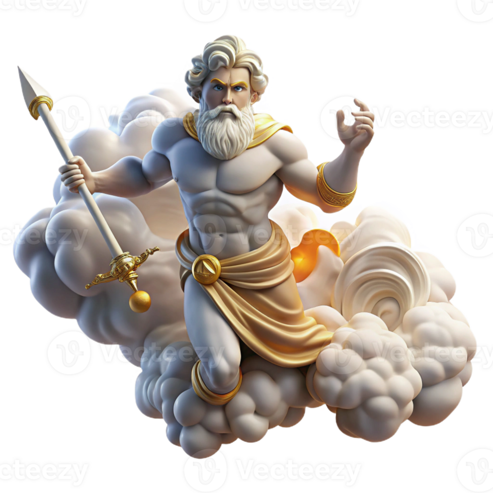 wonderful modern A powerful Zeus hurling a thunderbolt from Mount Olympus, clouds swirling around him, rendered in a dynamic Renaissance style high resolution png