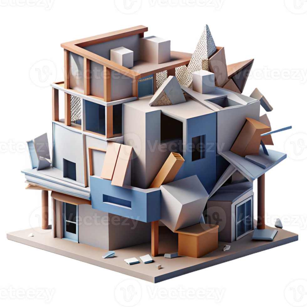 extraordinary modern A Deconstructivist building, fragmented shapes, clashing materials, chaotic, dynamic style 4K png