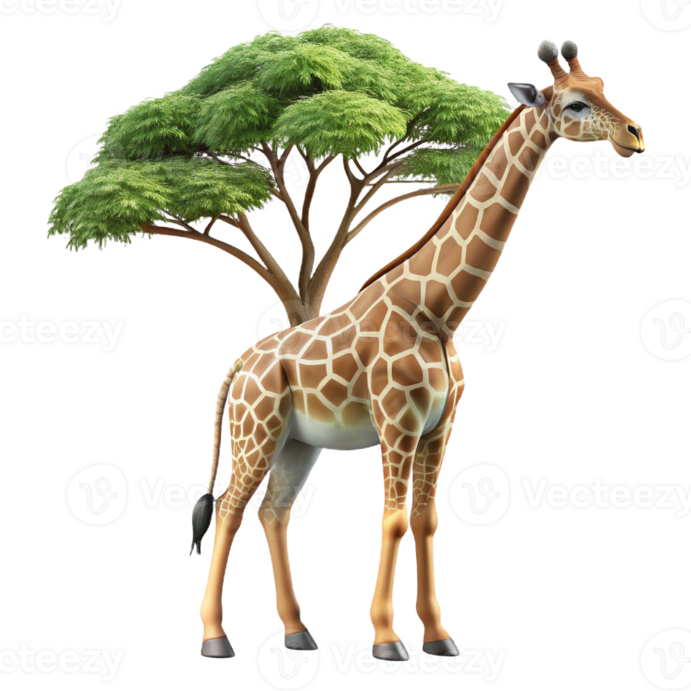 dramatic traditional A graceful giraffe reaching for the leaves of a tall acacia tree, its long neck elegantly curved, in a realistic wildlife painting style high quality png