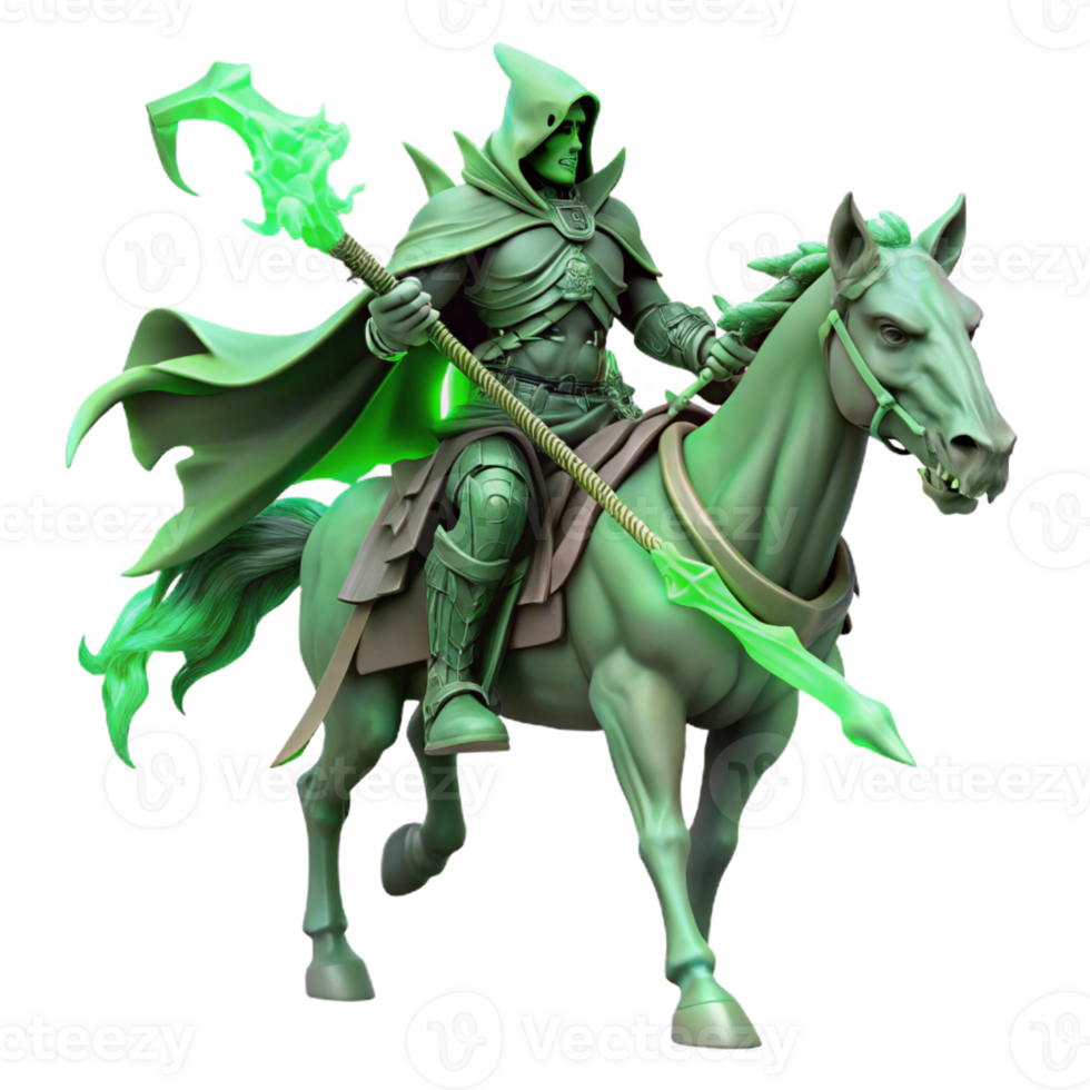 serene vintage A spectral knight riding a skeletal warhorse, ghostly green lighting, gothic horror style high quality png