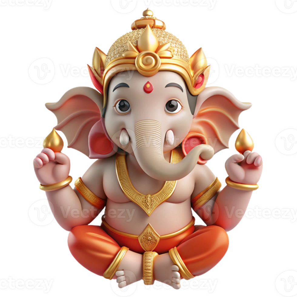 serene traditional Ganesha, Hindu god of wisdom and prosperity, with an elephant head and multiple arms, intricate details, religious iconography style authentic png