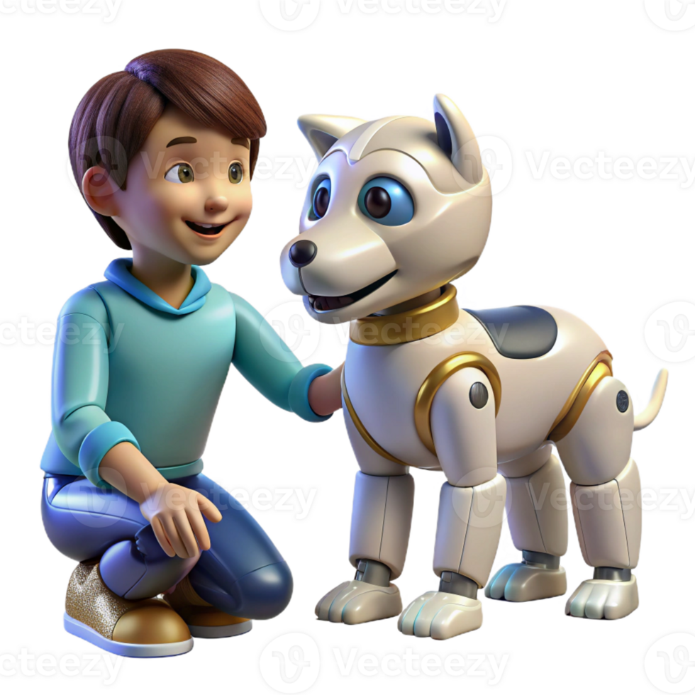 wonderful minimalist A robotic dog interacting with a child, playful and friendly design, lit by warm, natural light detailed png