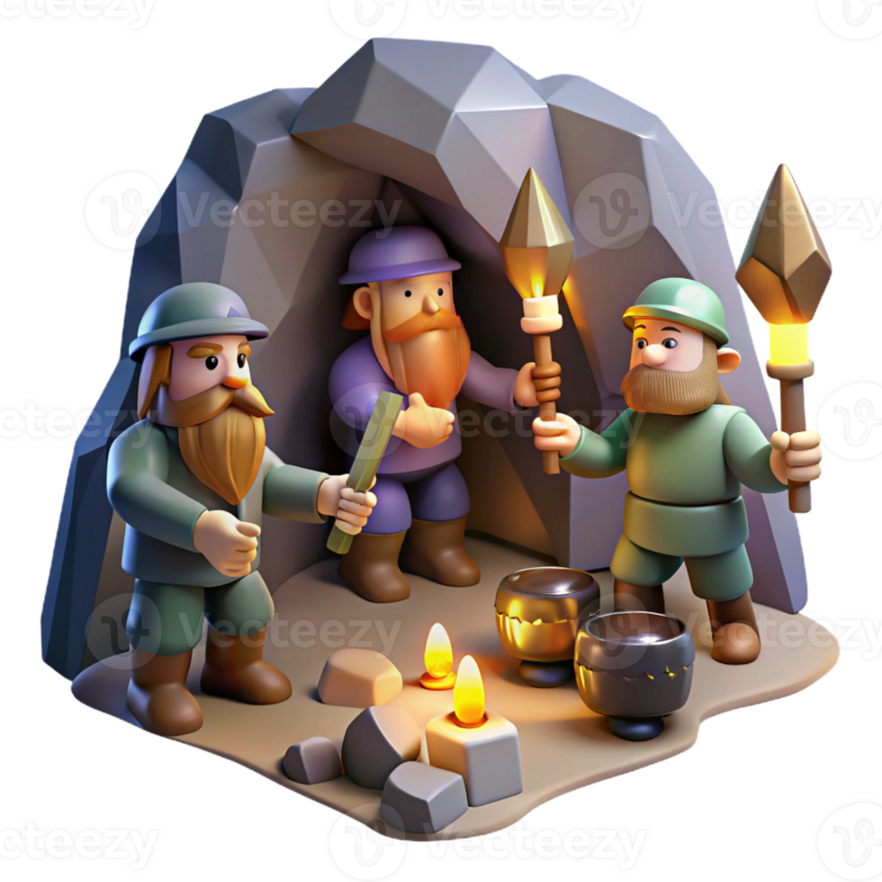 elegant modern A group of dwarves mining for gems in a dimly lit cavern, flickering torchlight, realistic style high quality png