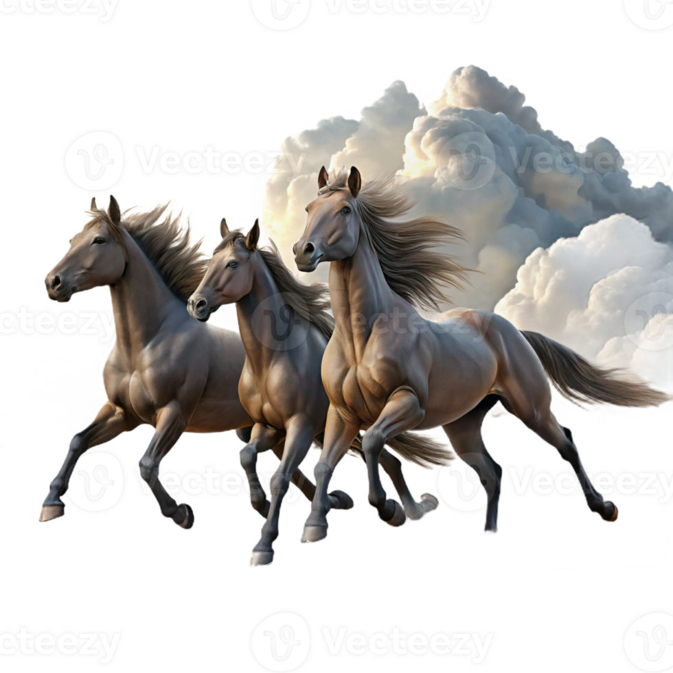 stunning artistic A group of wild horses galloping across a vast plain, under a dramatic, cloudy sky, in a dynamic, realistic style premium png