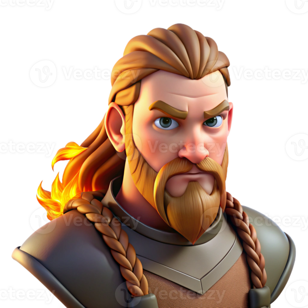wonderful rustic Portrait of a fierce viking with braided hair and beard, dramatic firelight, realistic style high resolution png