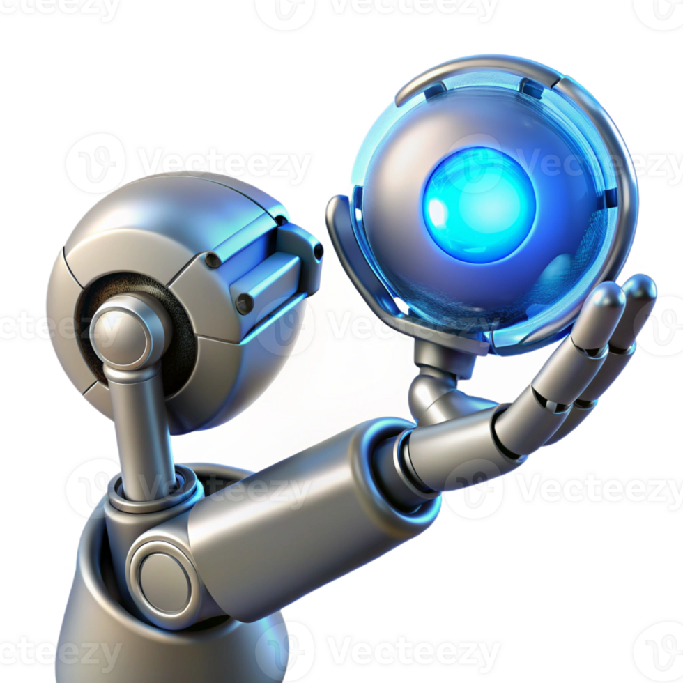 magnificent creative A chrome robotic arm delicately holding a glowing orb of data, intricate circuitry visible beneath its polished surface, lit by soft blue neon light exclusive png