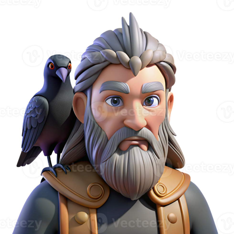 serene minimalist A wise Odin with his ravens Huginn and Muninn perched on his shoulders, depicted in a Viking art style high resolution png