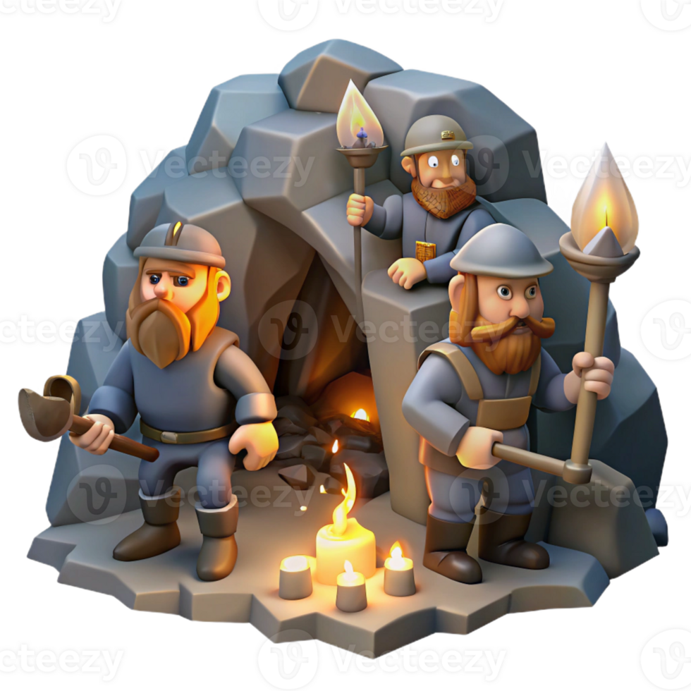 extraordinary abstract A group of dwarves mining for gems in a dimly lit cavern, flickering torchlight, realistic style original png