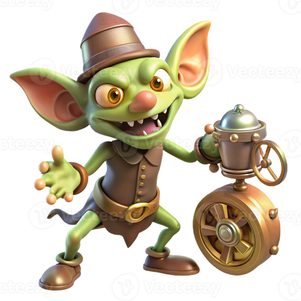 extraordinary creative A mischievous gremlin sabotaging a clockwork contraption, steampunk lighting, whimsical style professional png