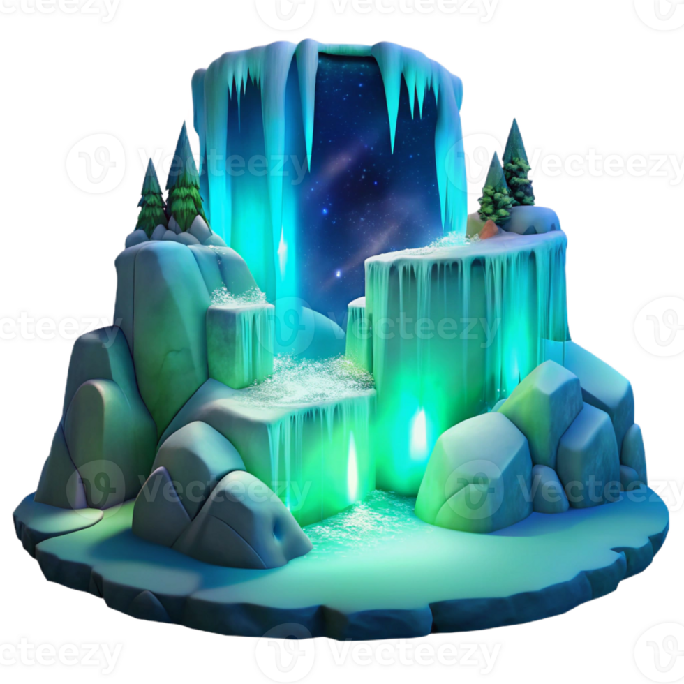 magnificent classic A frozen waterfall illuminated by the northern lights, ethereal lighting, fantasy art style 4K png