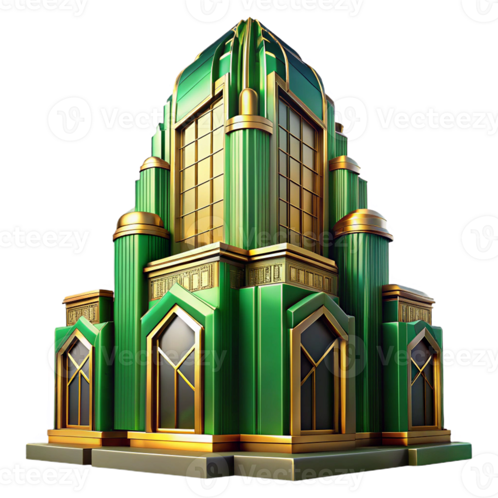 stunning artistic Art Deco skyscraper, emerald green and gold accents, sunset lighting, highly polished surfaces, stylized geometric patterns high quality png