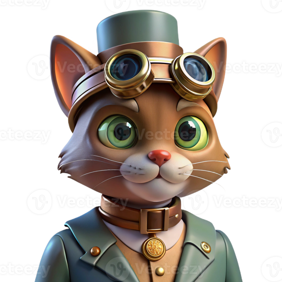 magnificent contemporary A portrait of a steampunk cat wearing goggles and a tiny top hat, intricate gears and pipes adorning its collar, lit by a single spotlight exclusive png