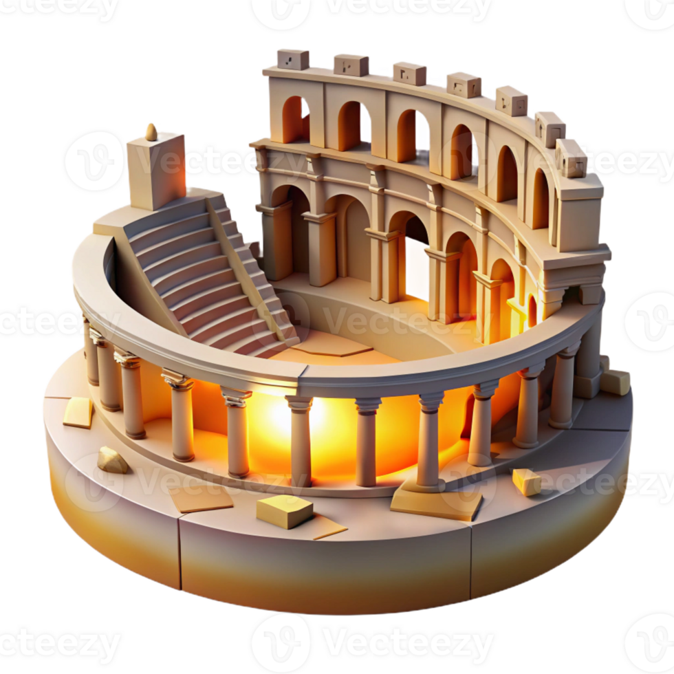 impressive rustic An ancient Roman amphitheater, crumbling ruins, golden hour light, historical illustration premium png