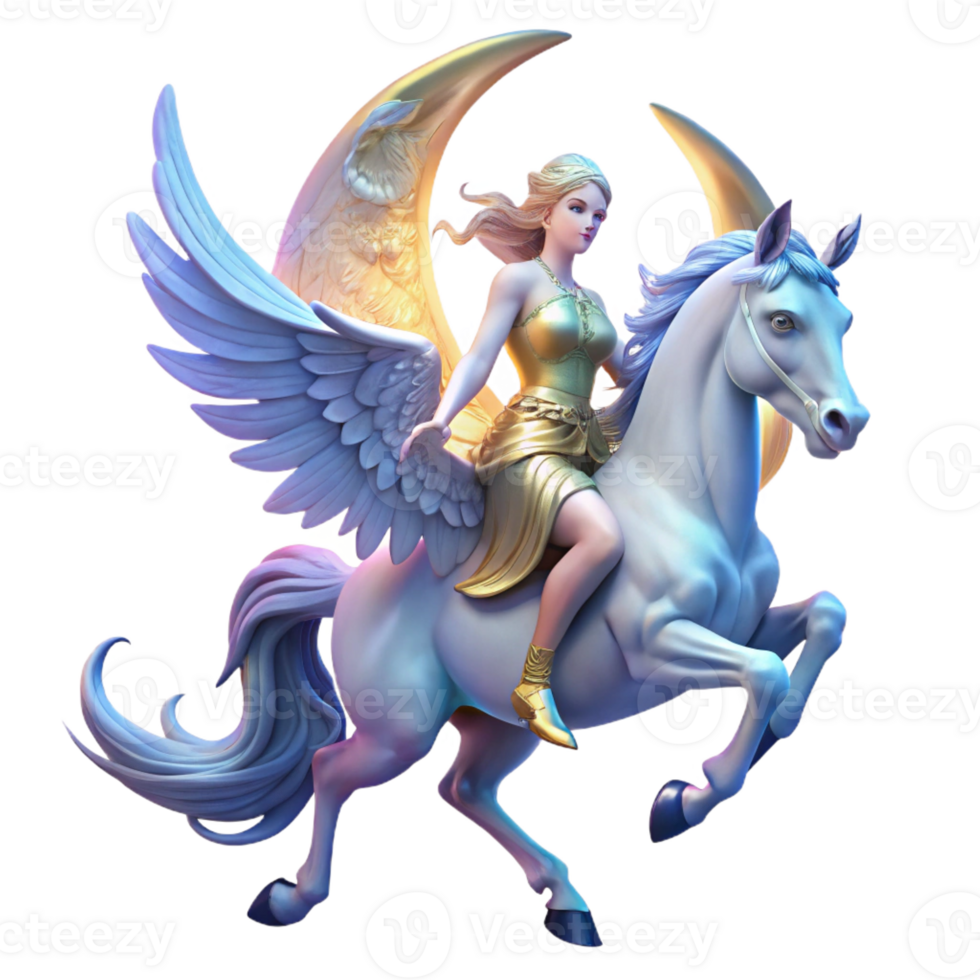 elegant contemporary A Valkyrie riding a winged horse through a moonlit sky, ethereal and glowing, Art Nouveau style detailed png