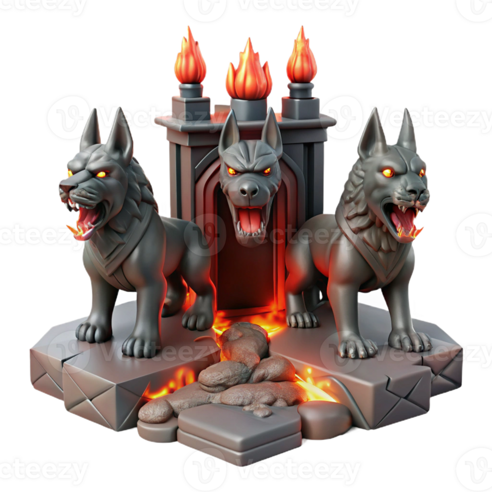 dramatic minimalist A three-headed Cerberus guarding the gates of hell, glowing red lava and dark shadows, Gustave Dore style original png