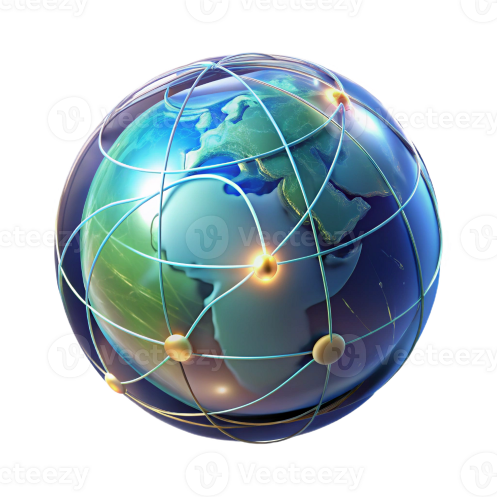 vibrant creative A holographic projection of the Earth, rotating slowly, displaying real-time data streams, lit by an internal glow high quality png