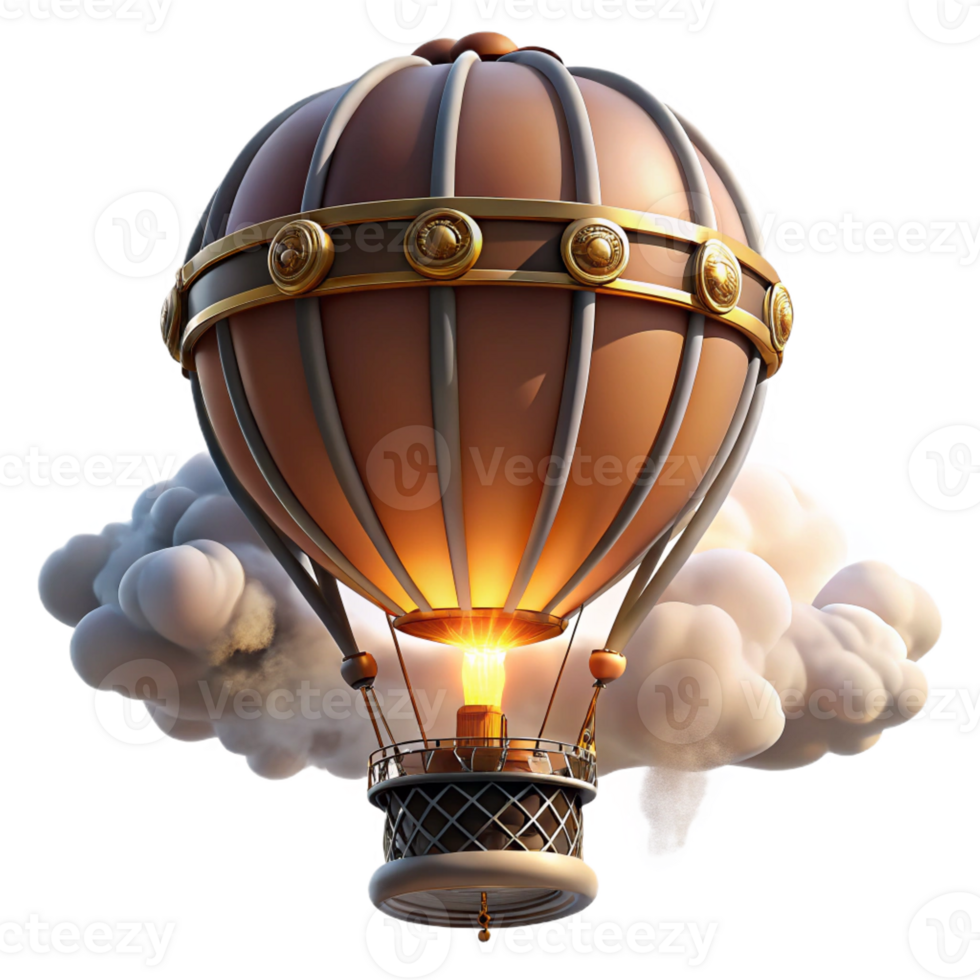 dramatic rustic A steampunk hot air balloon soaring through the clouds, intricate basket and burner, illuminated by a bright, sunny sky premium png