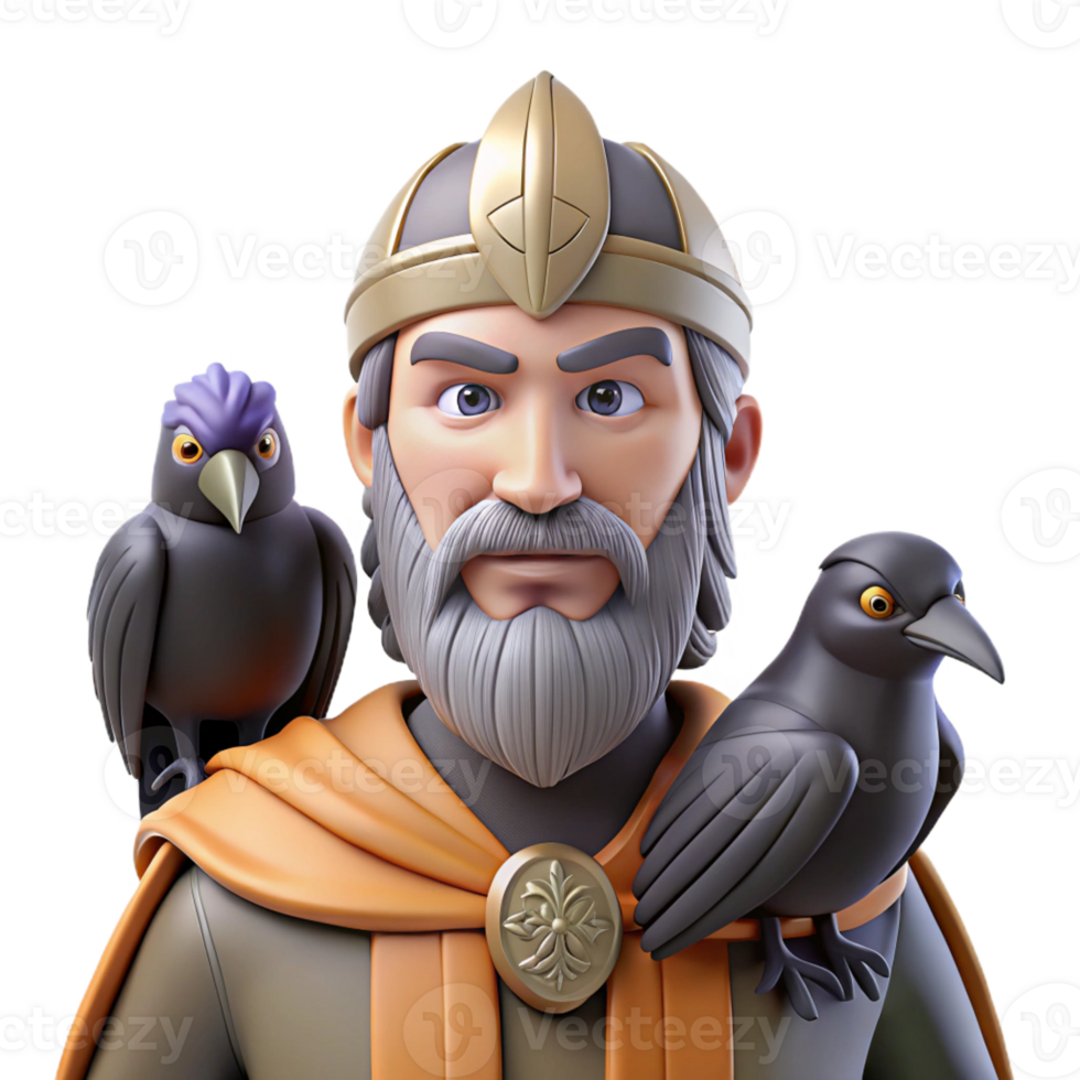 vibrant creative Odin with his ravens Huginn and Muninn, wise and stoic, Viking art style premium png