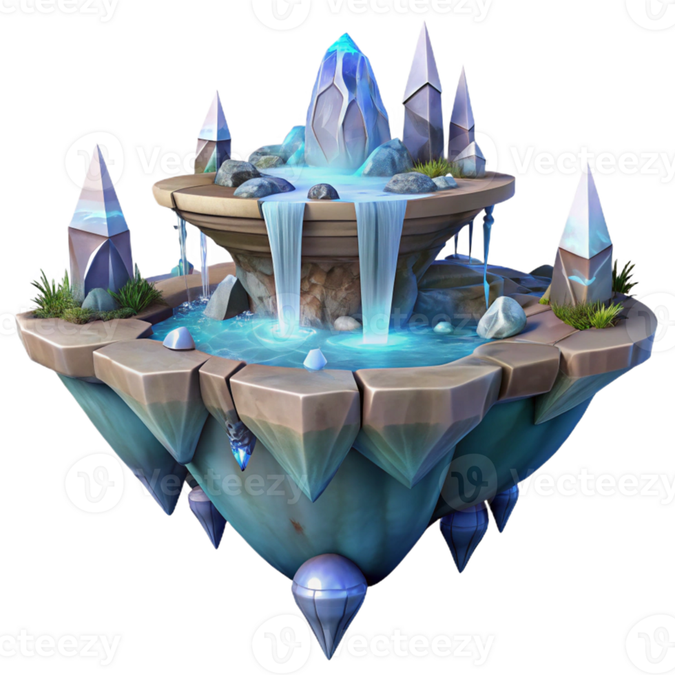 magnificent classic A floating island with cascading waterfalls and crystal structures, ethereal lighting, fantasy art style, highly detailed detailed png