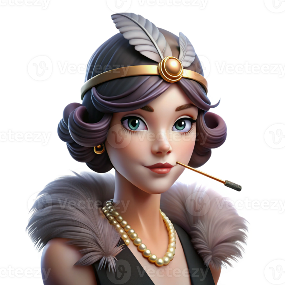 vibrant minimalist Portrait of a stylish flapper girl with a feathered headband and cigarette holder, Art Deco lighting, vintage style authentic png