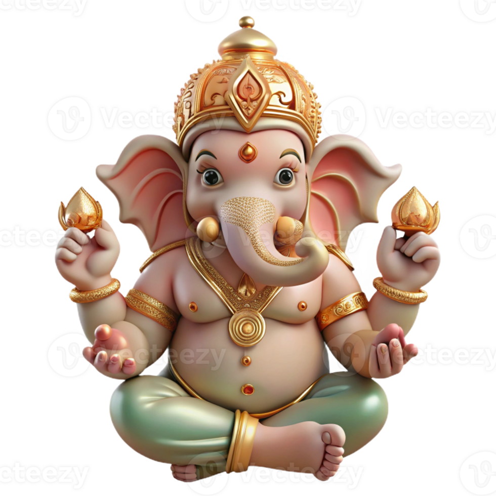 dramatic traditional Ganesha, Hindu god of wisdom and prosperity, with an elephant head and multiple arms, intricate details, religious iconography style 4K png