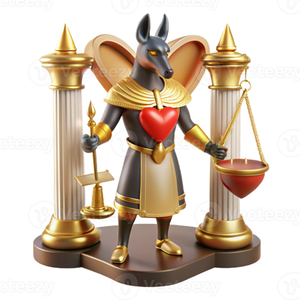 wonderful rustic Anubis weighing a heart against a feather in the Hall of Judgment, bathed in the golden light of the afterlife, painted in an ancient Egyptian style original png