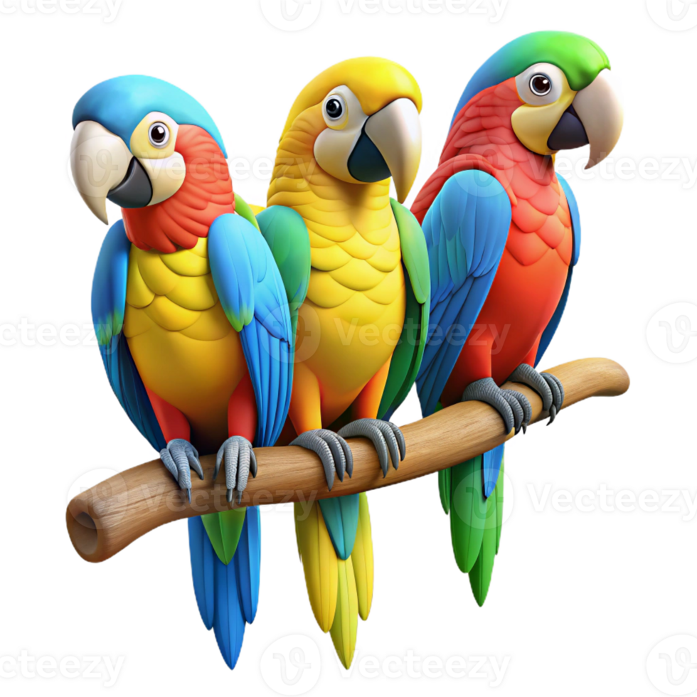 impressive contemporary A group of colorful macaws perched on a branch, tropical setting, vibrant colors, professional png
