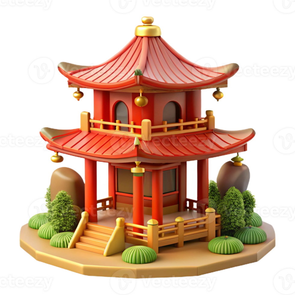 impressive artistic Traditional Japanese pagoda, intricate woodwork, vibrant red and gold details, serene garden setting, exclusive png