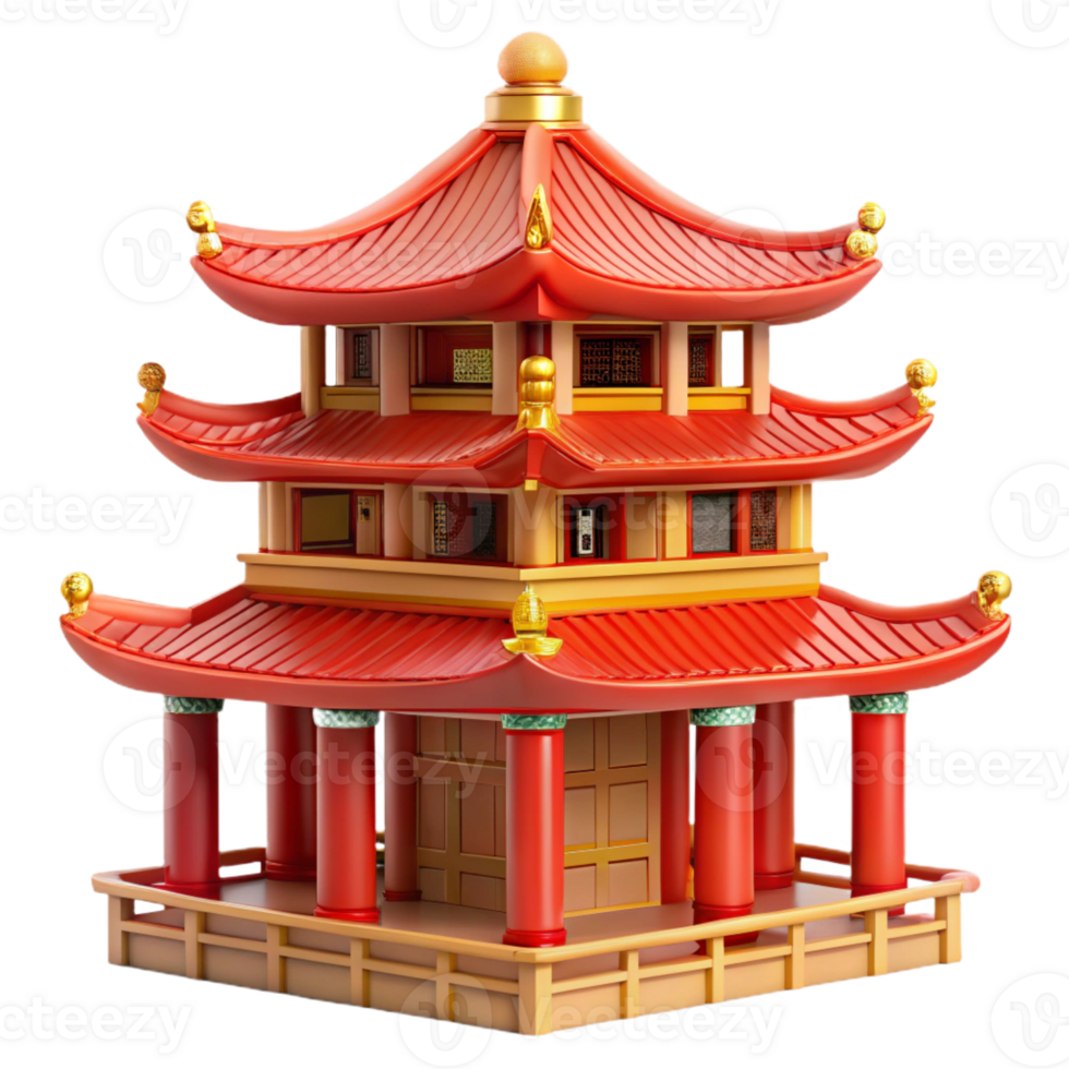 wonderful modern A traditional Chinese pagoda, red and gold details, intricate carvings, soft morning light, peaceful atmosphere 4K png