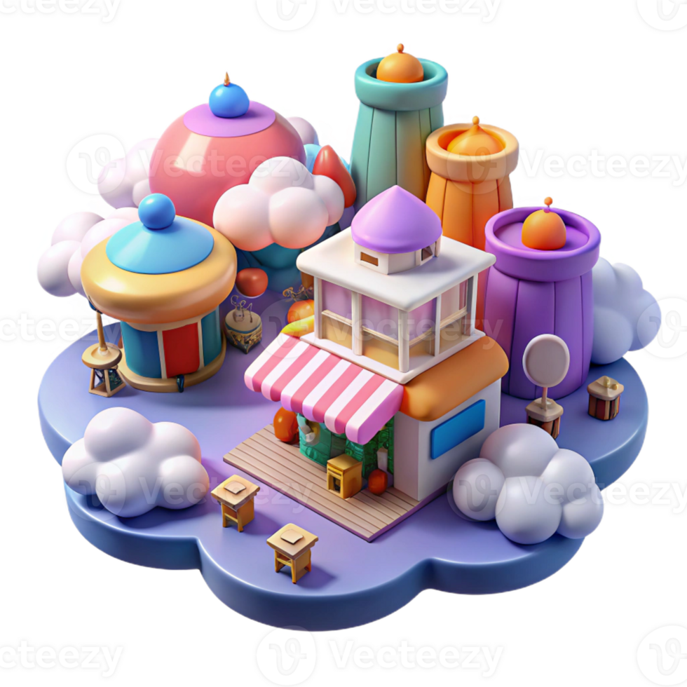 elegant classic A bustling marketplace in a cloud city, vibrant colors, aerial view, digital painting high quality png