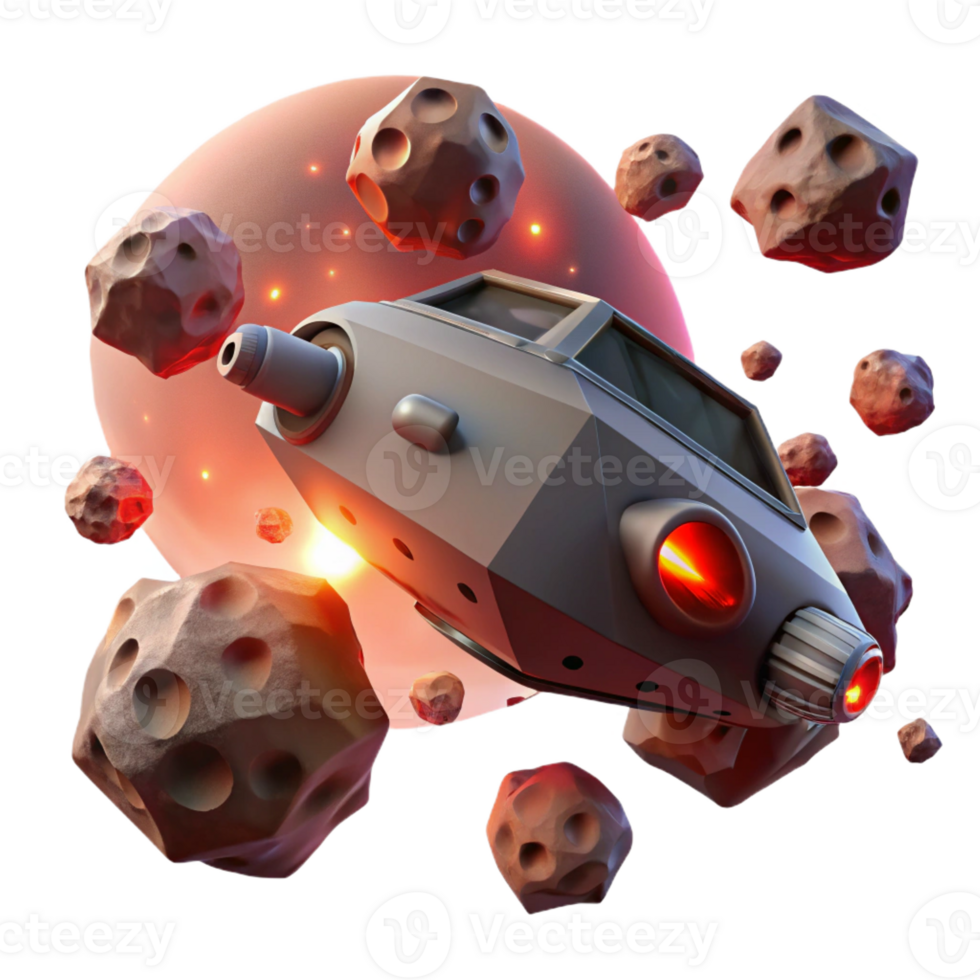 extraordinary abstract A lone spaceship drifting through an asteroid field, dim, red lighting, dystopian style professional png