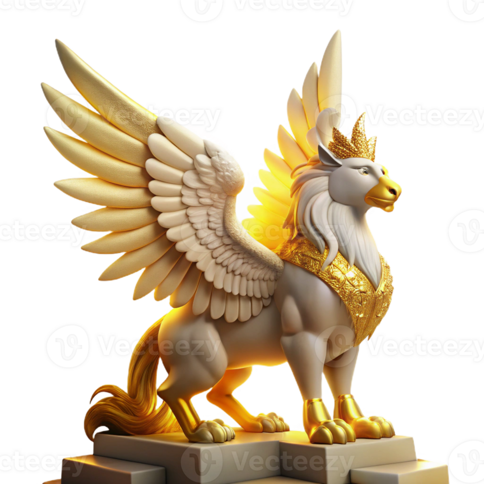 impressive rustic A majestic griffin perched atop Mount Olympus, feathers shimmering iridescent in the golden light of Zeus's thunderbolt, Art Deco style high quality png