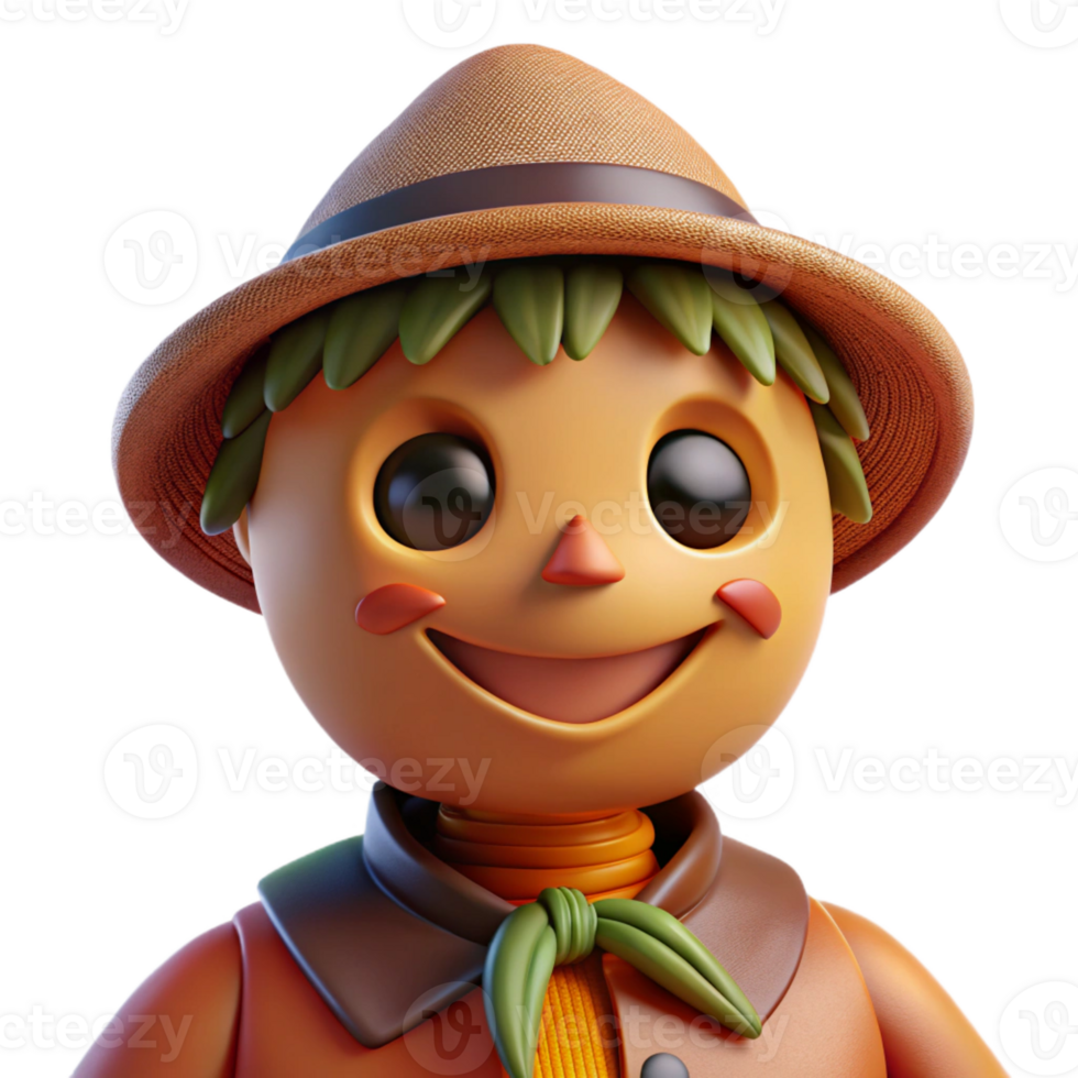 extraordinary traditional Portrait of a charming scarecrow with a stitched smile, warm autumnal lighting, whimsical folk art style, genuine png