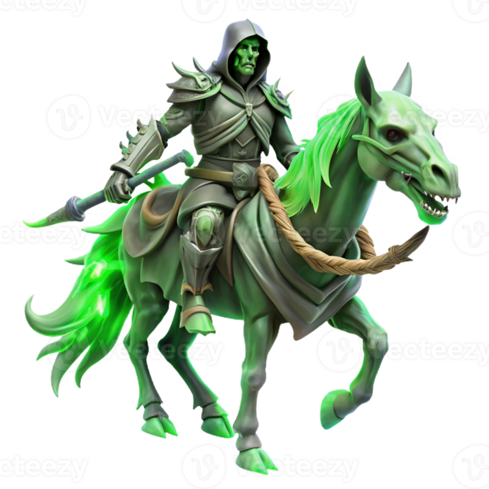 dramatic modern A spectral knight riding a skeletal warhorse, ghostly green lighting, gothic horror style premium png