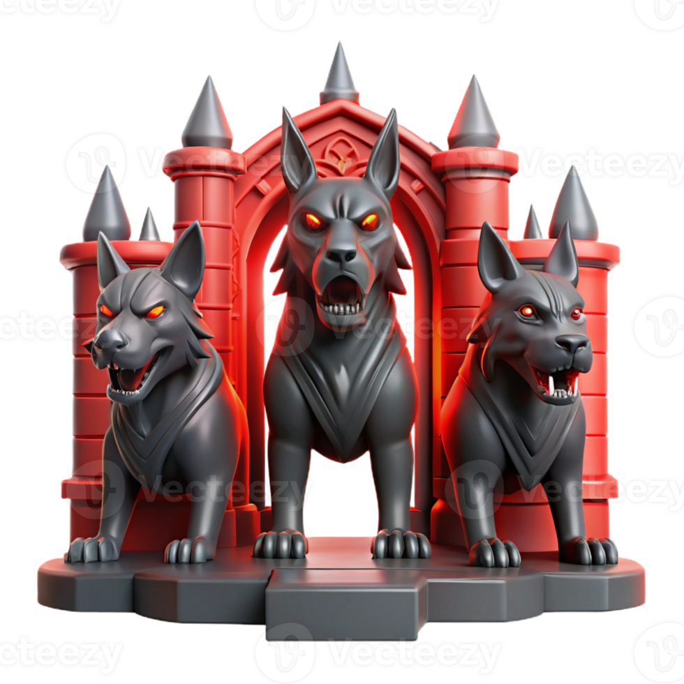 impressive traditional A three-headed Cerberus guarding the gates of Hades, depicted in a brutalist architectural style, ominous red lighting detailed png