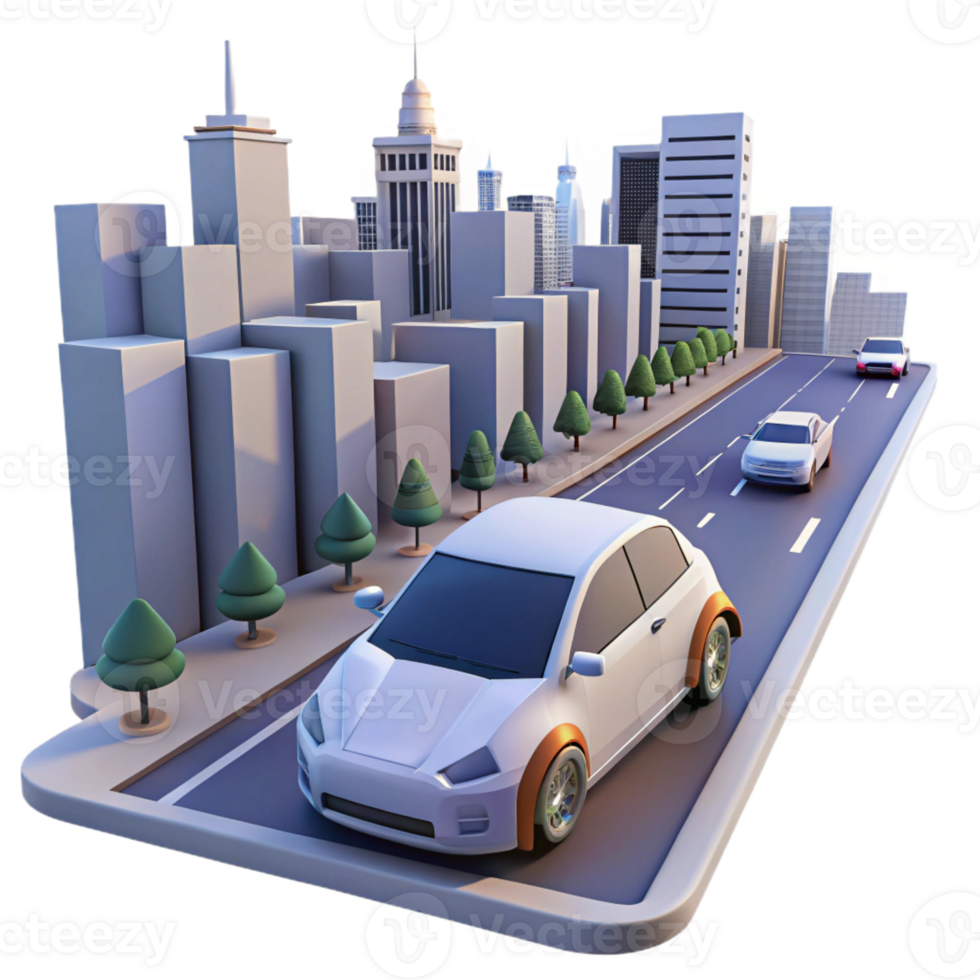 stunning abstract A self-driving car navigating a busy city street, realistic rendering, photorealistic style authentic png
